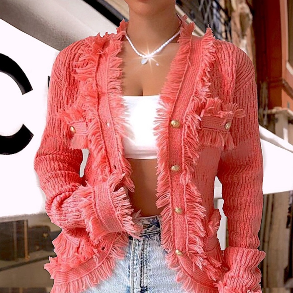 Coral Fringed cardigan.